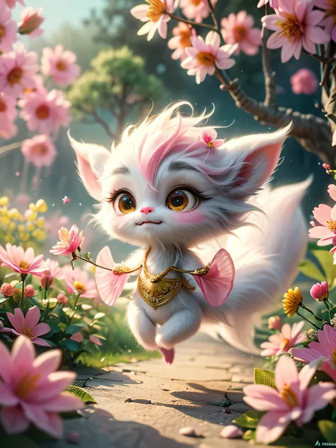 whimsical airbrush and oil painting, best angle of a Very cute mythical graceful transparent anthropomorphic furry creature holds pink acacia, thin arms, fragile thread legs, pink acacia flower spirit, Mystical garden where pink acacia grows in a professio...