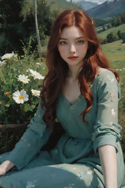 (oil painting:1.5),
\\
a woman with (red long curtly hair ), ((green eyes)) winter, mountain a field of  flowers, (amy sol:0.248), nude , with blue dress,  (stanley artgerm lau:0.106), (a detailed painting:0.353), (gothic art:0.106)