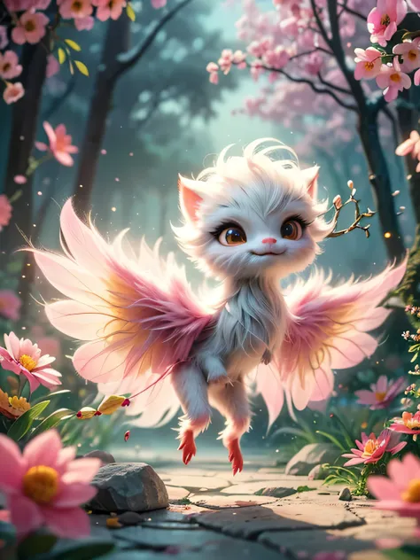 whimsical airbrush and oil painting, best angle of a Very cute mythical graceful transparent anthropomorphic furry creature holds pink acacia, thin arms, fragile thread legs, pink acacia flower spirit, Mystical garden where pink acacia grows in a professio...