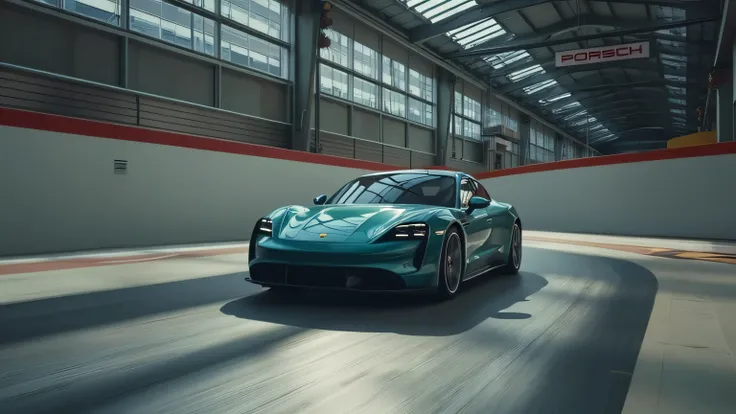 A realistic ultra HD 8K cinematic image of the Porsche Taycan Turbo S making a sharp turn inside a showroom designed as an indoor track. The tires grip the smooth surface, and the car leans slightly, demonstrating its agility. Bright showroom lighting cast...