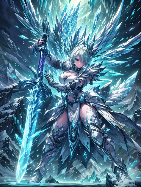 (((masterpiece, best quality, high detailed, 16k))), A girl holding a sword in her hand, female goddess, Ornate Sword, ice frozen sword, Planted Sword, (close-up of sword), light blue eyes, light blue hair, big breasts, white bikini dress, light blue cloak...