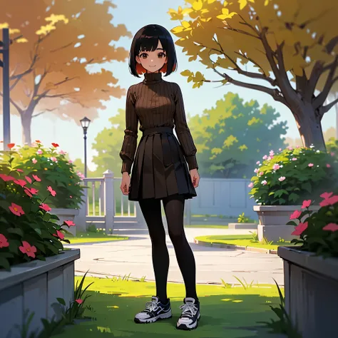 (high quality, high resolution, Very detailed, reality:1.37), Peaceful atmosphere, (Outdoors, garden),  teenage girl standing alone,(My breasts are small.), Beautiful details,  cute smile, ( black haired bob),Ribbed sweater, brown skirt ,  black tights,sne...