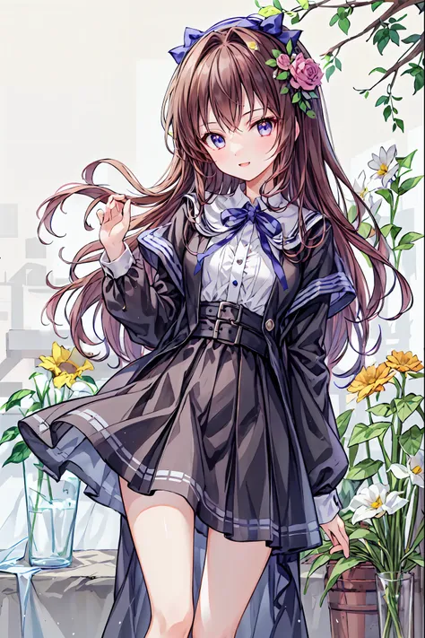  girls on the left、 white background、Background、カールした long hair、 long hair、 curly hair、Contrasting bangs、brown hair on both arms、Sparkling eyes 、 Highlights、flower、Flower crown 、 I have flowers on my hair、 fluffy、、All hairstyles、、smile、cute、Background