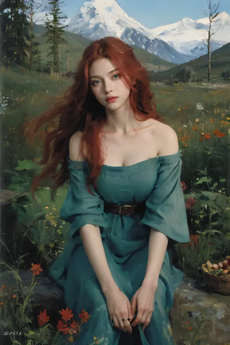 (oil painting:1.5),
\\
a woman with (red long curtly hair ), ((green eyes)) winter, mountain a field of  flowers, (amy sol:0.248), nude , with blue dress,  (stanley artgerm lau:0.106), (a detailed painting:0.353), (gothic art:0.106)