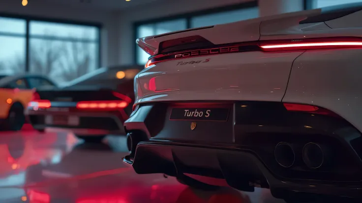 An ultra HD 8K cinematic close-up of the Porsche Taycan Turbo S’s rear spoiler, raised slightly to enhance aerodynamics. The LED taillights glow intensely, casting a red reflection on the polished showroom floor.  
