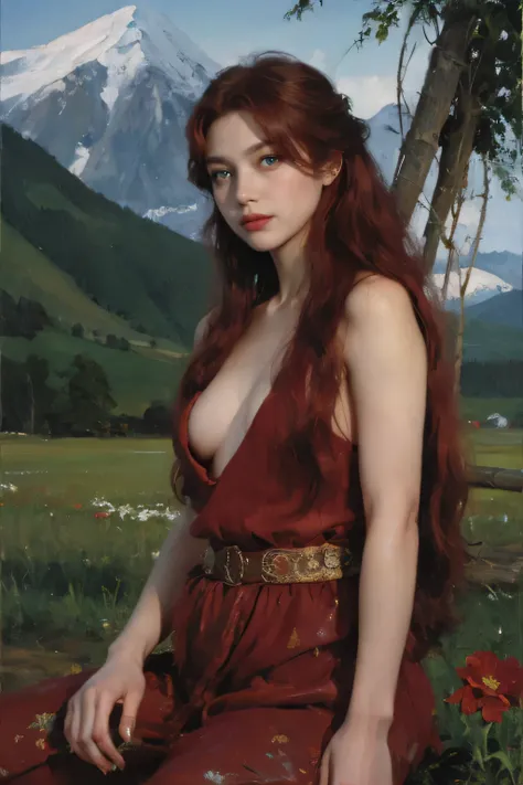 (oil painting:1.5),
\\
a woman with (red long curtly hair ), ((green eyes)) winter, mountain a field of  flowers, (amy sol:0.248), nude , with red dress,  (stanley artgerm lau:0.106), (a detailed painting:0.353), (gothic art:0.106)