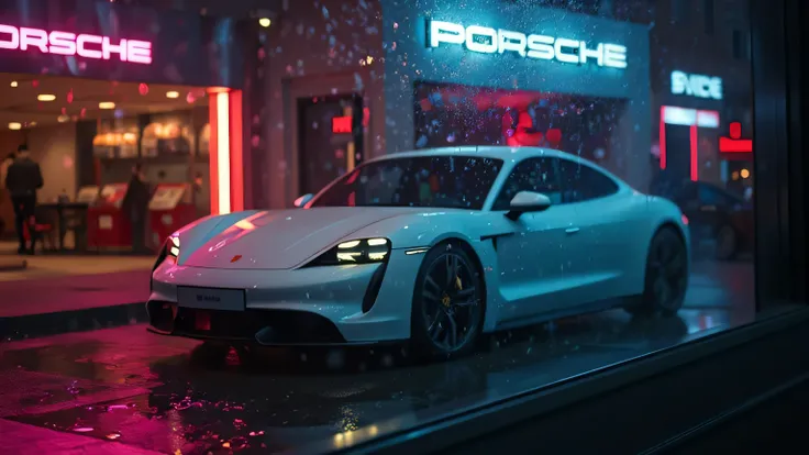 An ultra HD 8K cinematic shot of the Porsche Taycan Turbo S viewed through a showroom window at night, with rain droplets on the glass creating a dramatic depth effect. The neon showroom lights cast beautiful reflections on the wet surface.  
