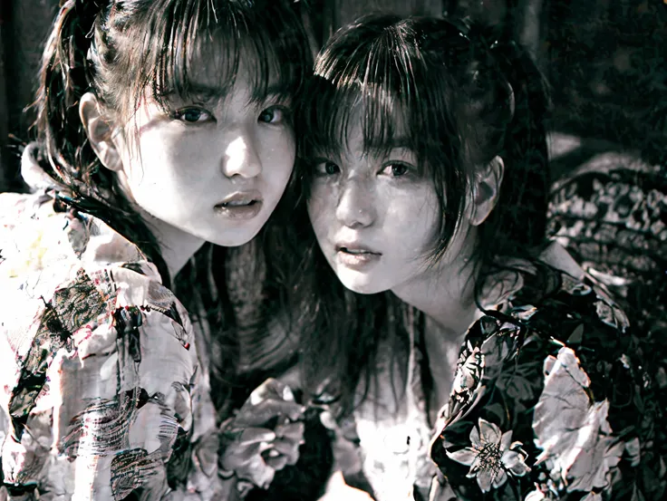 High contrast black and white portrait of twin sisters、Deep Shadow、Vintage Feeling 。