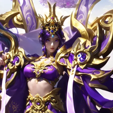 a close up of a woman in a purple dress holding a sword, ne zha from smite, a beautiful fantasy empress, inspired by Ju Lian, inspired by Li Mei-shu, ((a beautiful fantasy empress)), bian lian, orianna, protoss, yun ling, irelia, xianxia hero, extremely de...