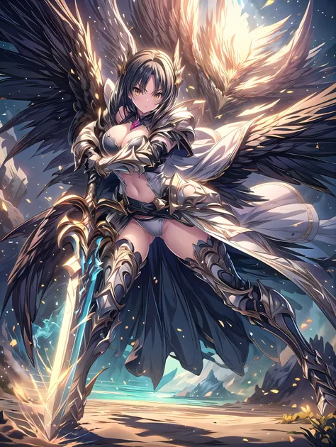 (((masterpiece, best quality, high detailed, 16k))), A girl holding a sword in her hand, female goddess, Ornate Sword, sand sword, Planted Sword, (close-up of sword), yellow eyes, black hair, big breasts, white bikini dress, white cloak, powerful and fanta...