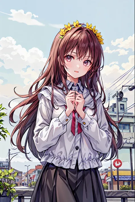  girls on the left、 white background、Background、カールした long hair、 long hair、 curly hair、Contrasting bangs、brown hair on both arms、Sparkling eyes 、 Highlights、flower、Flower crown 、 I have flowers on my hair、 fluffy、、All hairstyles、、smile、cute、 photorealism. ...