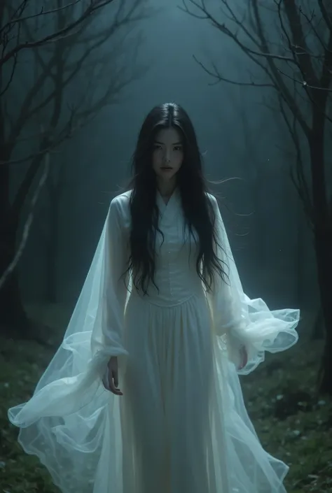 A ghost wearing a Vietnamese ao dai standing in the dark night with long hair down came to visit in horror