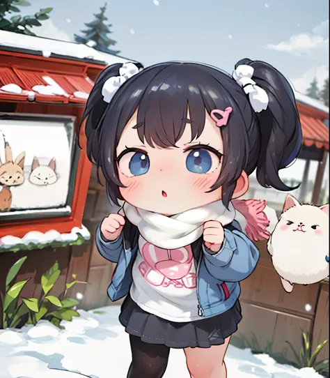    masterpiece , ，    cute doodle    ，    funny, Excellent, S，Short length，    curly hair  ，   twin tails，    bright ，    curious eyes    ，    freckles，   thick eyebrows，    warm scarf    ，    down jacket   ，長袖のShort white T-Shirt， tights，    Very Short De...