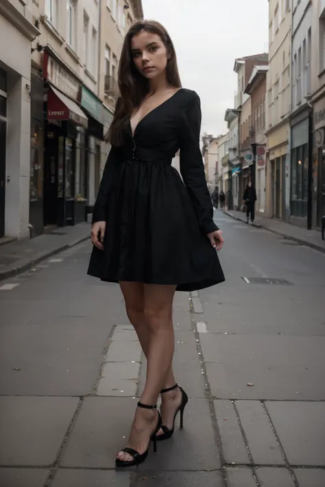 The real ghost of a 18 year old brunete polish girl that wears a black dress and high heels on the empty street