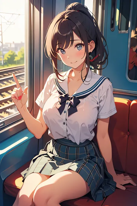 TOP QUALITY、high resolution、(HD:1.2)、masterpiece、詳細な背景、age beauty、( huge breasts:1.2)、(Highly Detailed Face:1.2)、 detailed expressions 、(detailed eyes:1.2)、anatomically correct、(Normal number of fingers:1.3)、Bright-colored hair、 braided bob cut 、ponytail、S...