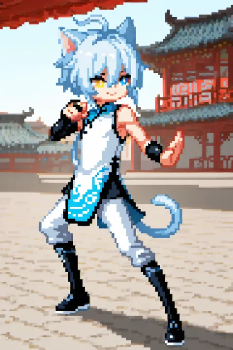 1boy, ahoge, animal ears, black footwear, black shirt, blue eyes, bridal gauntlets, bright pupils, building, cat boy, cat ears, cat tail, changpao, chinese architecture, chinese clothes, fighting stance, hair between eyes, heterochromia, light blue hair, l...