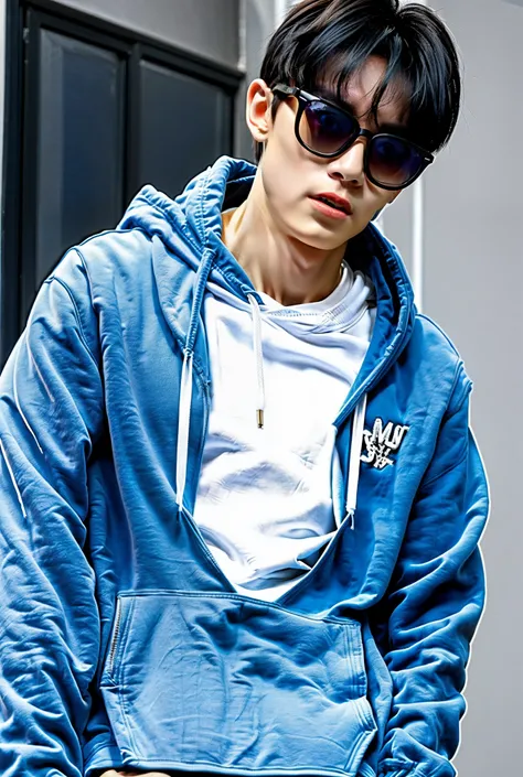 Man, medium hair, white skin, muscle, wearing a blue hoodie and sunglasses