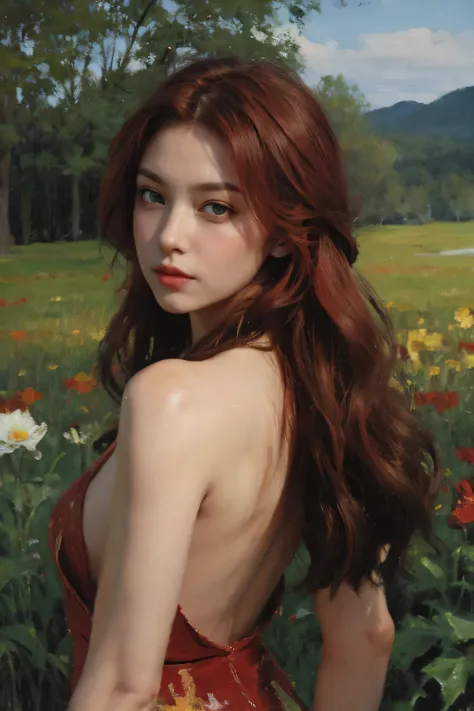 (oil painting:1.5),
\\
a woman with (red long curtly hair ), ((green eyes)) ain a field of  flowers, (amy sol:0.248), nude , with red dress,  (stanley artgerm lau:0.106), (a detailed painting:0.353), (gothic art:0.106)