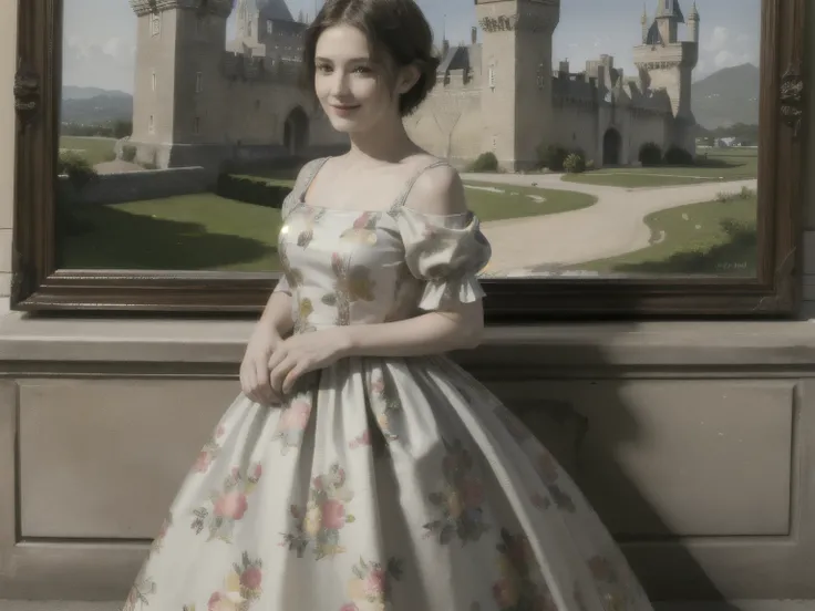 359 (20-year-old woman),(short hair), ( High Definition Photos ), (smile), (colorful floral dress), (Leonardo da Vinci Paintings), (Castle Stone Wall)