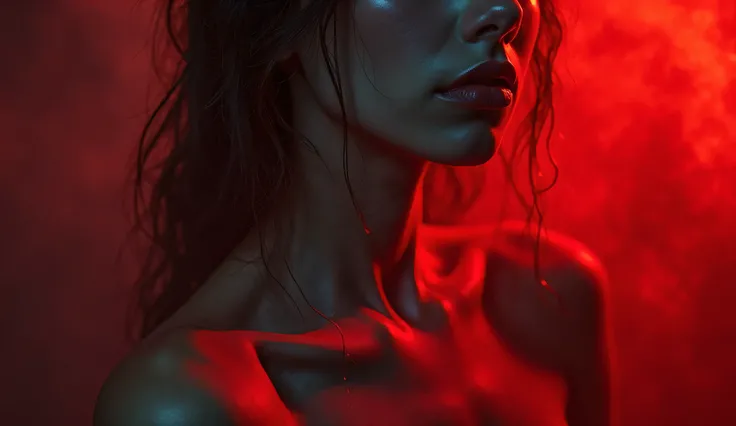 Close-up of a sexy girl's collarbone, skin dyed red, surrounded by smoke in a dark room with red light, surreal