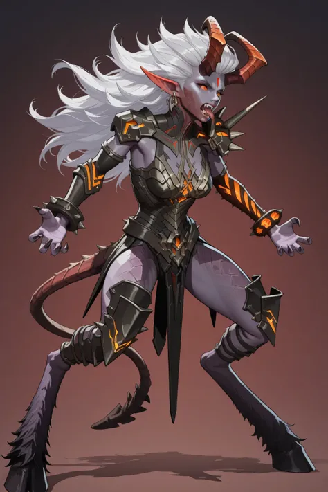 masterpiece, good quality, best quality, very awa, very as2, absurdres, highres, realistic
 drkchyld, colored skin, purple skin, white hair, long hair, demon girl, demon tail, horns, pointy ears, colored sclera, orange eyes, earrings, asymmetrical shoulder...