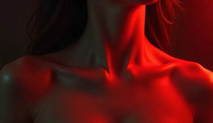 Close-up of a sexy girl's collarbone, skin dyed with red light, in a dark room with red light, surreal