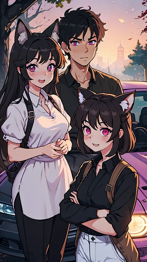 DUO PICTURE. ANIME LOOK. LOVE PICTURE. Tall Guy, Black hair, purple eyes, fox ears, kitsune guy, muscular, black compressed shirt, white harem pants. Beside him is smaller cute girl with brown hair and car ears, neko girl in dress, neko girl pink eyes. the...