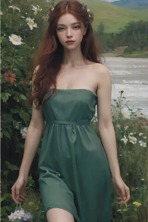 (oil painting:1.5),
\\
a woman with (red long curtly hair ), ((green eyes)) mountain a field of  flowers, (amy sol:0.248), nude , with blue dress,  (stanley artgerm lau:0.106), (a detailed painting:0.353), (gothic art:0.106)