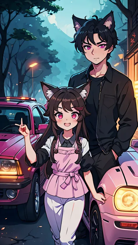 DUO PICTURE. ANIME LOOK. LOVE PICTURE. Tall Guy, Black hair, purple eyes, fox ears, kitsune guy, muscular, black compressed shirt, white harem pants. Beside him is smaller cute girl with brown hair and car ears, neko girl in dress, neko girl pink eyes. the...