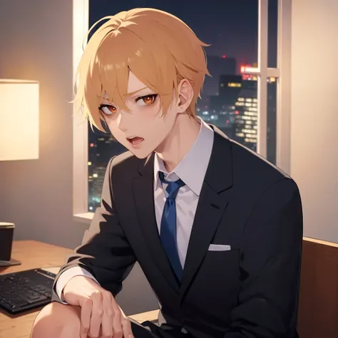 side angle, (at night:1.5), looking at viewer, masterpiece, best quality, Japanese manga style, upper body, sitting, working, (25 year old male: 1.5) and (short blonde hair) and (orange eyes), BREAK (suit) and (blue tie) BREAK (sad:1.3), open mouth, in the...