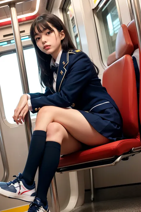 Train interior background(((A girl in uniform sits cross-legged on a train chair))),, beautiful feet,Black hair with bangs, navy blue pleated micro mini skirt,((wear dark blue high socks and sneakers)),(((Navy blue plain blazer))),Projecting from head to l...