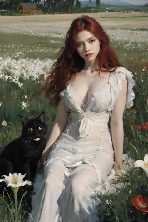 (oil painting:1.5),
\\
a woman with (red long curtly hair ), ((green eyes)) and lily flowers in her hair is laying down in a field of white lily flowers, with persian black cat, (amy sol:0.248), (stanley artgerm lau:0.106), (a detailed painting:0.353), (go...