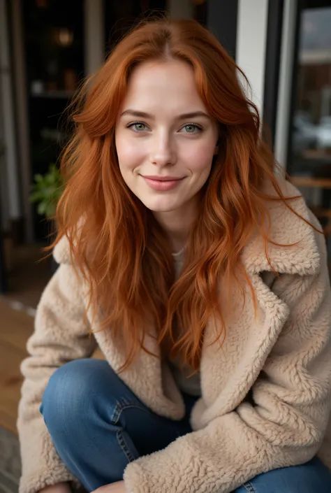 8k, RAW photography of Madelaine Petsch, full body shot, shot taken from far of a beautiful redhaired woman, The model is sitting in a coffee place outside on the street, wearing autumn warm clothes - jeans and fur beige coat, green eyes, hair with structu...