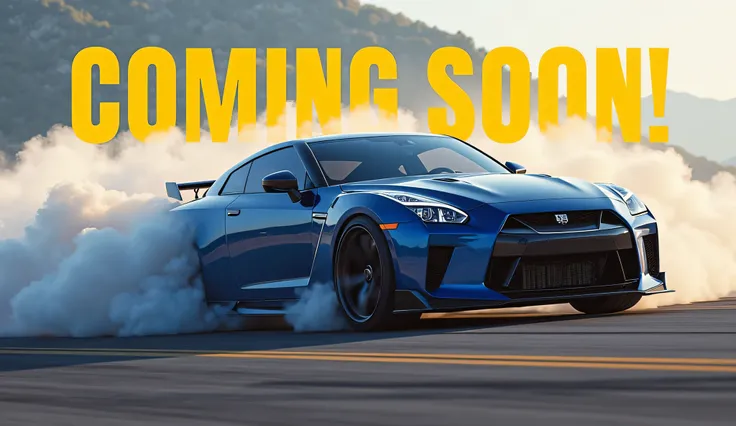 "A high-performance sports car, resembling the upcoming Nissan GT-R R36, is aggressively drifting on an open road. The car’s handle is sharply turned, its tires screeching as it kicks up a massive cloud of dust and smoke from the rear. The sleek, aerodynam...