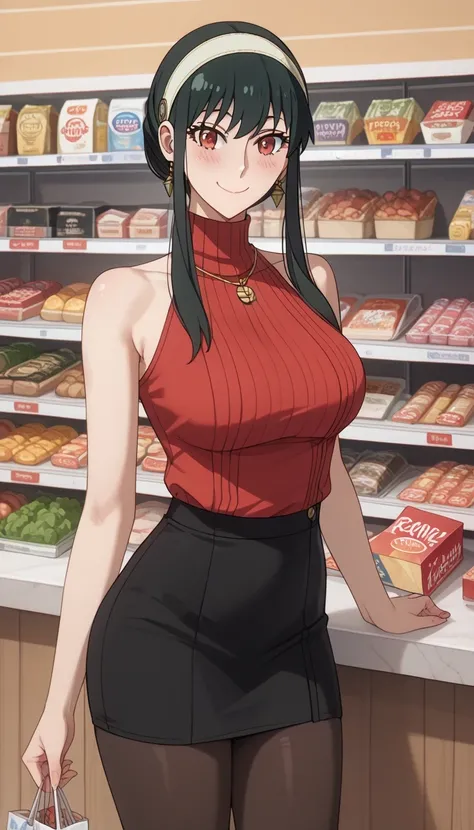  score_9,  score_8_up,  score_7_up,  source_  anime、TOP QUALITY、8k、 masterpiece、Ultra High Definition、 natural light、Perfect Anatomy、 one woman、saggy breasts、Yor Forger、 dark hair、 cute face、smile、( sleeveless rib knit、 high neck)、 micro pencil skirt、panty...