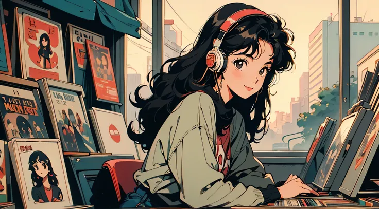 alone, 1 woman, retro, city pop, anime, manga, 24 years old, cute girl, smile, sexy, put on large headset, at a record shop, listening music, black eyes, curly black hair, record shop