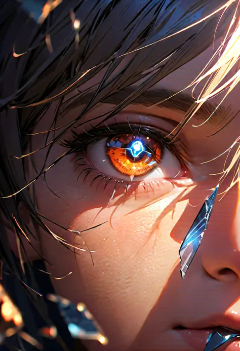 eye of the apocalypse, broken glass shard, brown eyebrows, close up, detailed lighting, UHD, edge lighting, Masterpiece, highest quality, realistic