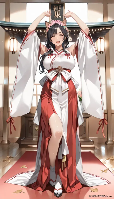 beautiful mature woman wearing shrine maiden costume, long flowing black hair decorated with flower crowns, Dynamic full body pose,  detailed face and eyes , medium bust above infecti,  happy expression in a high room, Old-fashioned illustration, bitches l...