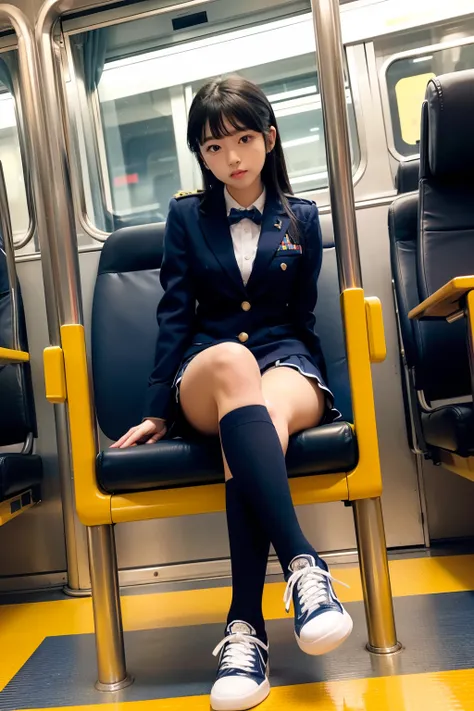 Train interior background(((A girl in uniform sits cross-legged on a train chair))),, beautiful feet,Black hair with bangs, navy blue pleated micro mini skirt,((navy blue high socks on a train)),(((Navy blue plain blazer))),Projecting from head to leg,low ...