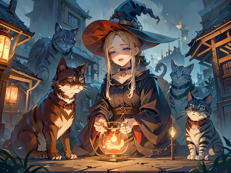 A very beautiful witch、Multiple very large cats、Witch&#39;s Familiar Cat、The witch is diligently hitting the cat、The cat is standing upright on two legs、Cats are very eerie、A group of bakeneko、At that time, their apartment was a perfect room for the two wh...