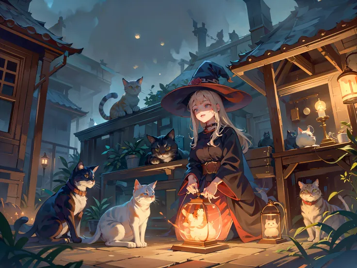 A very beautiful witch、Multiple very large cats、Witch's Familiar Cat、The witch is diligently hitting the cat、The cat is standing upright on two legs、Cats are very eerie、A group of bakeneko、At that time, their apartment was a perfect room for the two wh...