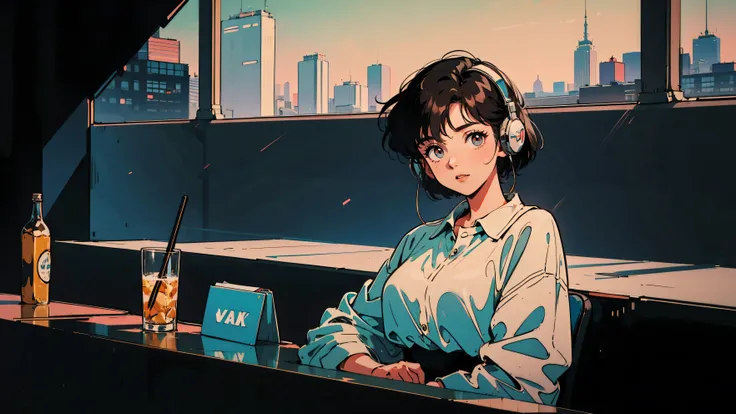 Alone, 1 woman, looking at me, masterpiece 8k, A record jacket, 1980s retro style, A 21-year-old girl, Black Hair, 80s Bob Hair, Light brown eyes, 1980s high waist mini skirt, 1980s blouse, Relaxing at bar, whole body, Background is tokyo nightscape, Weari...