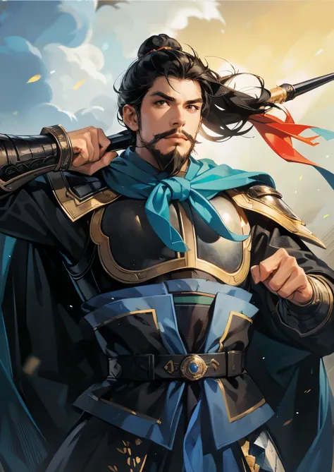 (((Maintain color ))), ((( picture style maintenance ))), ((Maintain the composition)),  Attractive Man , perfect face,((black eyes)), (( black hair)), ( rich beard), Man with a spear on his shoulder,  General in armor.  small smile 