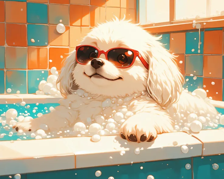 super fine illustration, best quality, fluffy white dog, long fur, relaxing in bathtub, **bubble-covered dog, foamy bubbles, overflowing bubbles, translucent bubbles, glossy bubbles, light-reflecting bubbles, bubbles floating in air**, red sunglasses, conf...