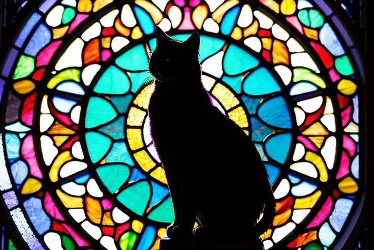 araffe silhouette of a cat in front of a  stained glass window, arafed view of a  stained glass window with a cross in the center, 花のデザインの stained glassプレートに座っているミロスラヴァ・スビリドバ ,  Flickr , Precisionism , maxim verehin  stained glass, backlit  stained glass, ...