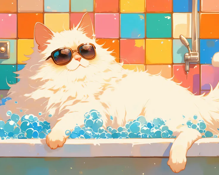 
super fine illustration, best quality, fluffy white cat, long hair, relaxing in bathtub, **frothy Siamese cat, bubbly bubbles, overflowing bubbles translucent bubbles, bubbles reflecting light, bubbles floating in air**, sunglasses, confident expression, ...
