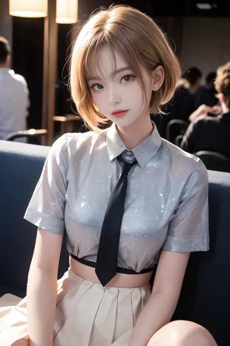 ( masterpiece, TOP QUALITY:1.2), 16k, s, 85mm, Official Art, RAW photo, Confused,  white dress shirt,  cute face , close,  upper body, Viola Lace,  Gardenia ,  beautiful girl,  school uniform, (navy pleated skirt:1.1),  Tighten Your Waist ,  thighs, Short ...