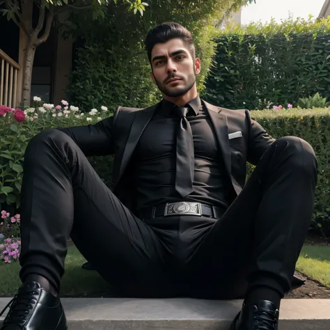 Age 30、handsome guy , One Man,、 muscularity、Ekin Mert Daymaz。 black shirt , black tie、 black slim pants 、Doğukan Polat 、garden、 on the lawn 、sit。 black shirt、 black tie、 black slim pants 、 upper body up　geff Bridges,　Front 　Menacing look　 black belt　 black...