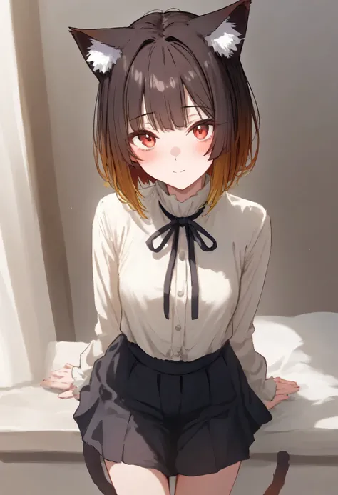 aruhshura,  masterpiece, best quality, very awa, year 2024, newest, highres, absurdres, short, with cat ears, brown hair, [(gradient hair from red to :1.4):0.4], short hair, looking at viewer, with cat tail