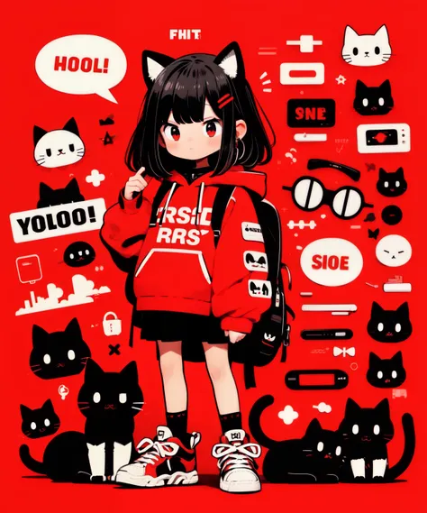 1girl, red eyes, red background, hood, backpack, cat, red hoodie, drawstring, black hair, shoes, hood down, hoodie, long sleeves, solo, bag, holding, hair ornament, english text, socks, earrings, white footwear, bangs, looking at viewer, jewelry, sneakers,...